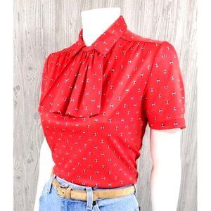 60s 70s Vintage Ascot Bow Blouse Red Western Grandma Cowgirl